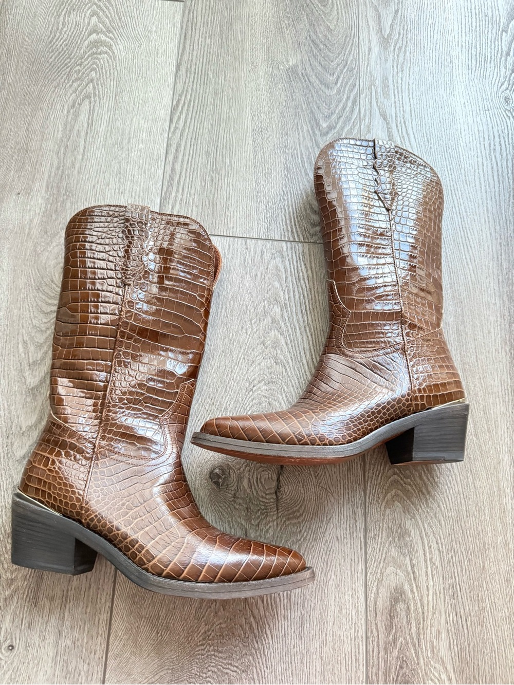 partlow meghan brown crocodile croc embossed calf leather western boots size 36
